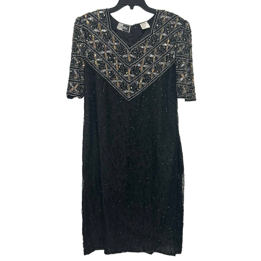 Vintage Art Deco Carina 100% Silk Beaded Sequin Cocktail Dress Black L 80s Glam